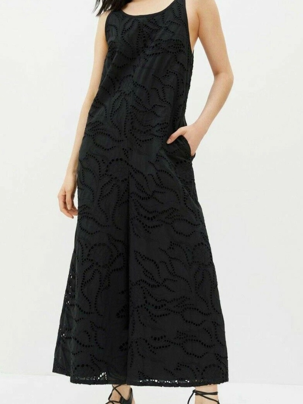 Anthropologie Maeve Chrysanthemum Eyelet Wide-Leg Jumpsuit - Black - Picture 2 of 8